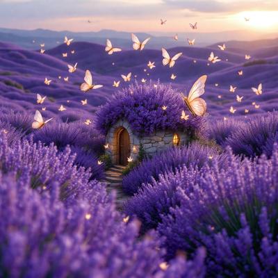 The primary subject of the image is a small purple house with a thatched roof, surrounded by a field of purple flowers. The house is located in a valley with a mountainous background. The visual style of the image is a combination of photo and digital art, creating a surreal and whimsical atmosphere. The dominant colors in the image are purple and white, with the purple flowers and the thatched roof of the house adding a touch of warmth to the scene.